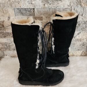 UGG Australia  Tall Suede Lace-Up Black  Shearling Boots